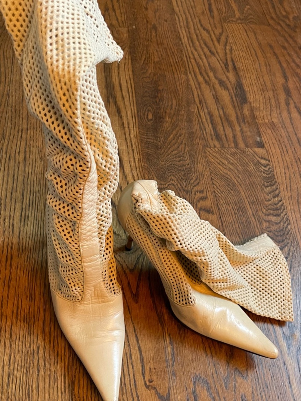 Casadei Beige Perforated Pointed-Toe Heeled Boots
